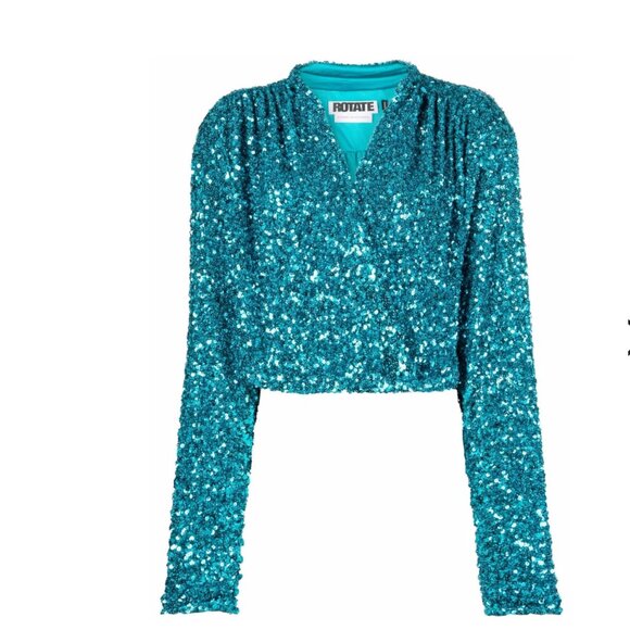 ROTATE BIRGER CHRISTENSEN Aurelia Sequin Embellished blouse 10 Teal Cropped - Picture 9 of 13